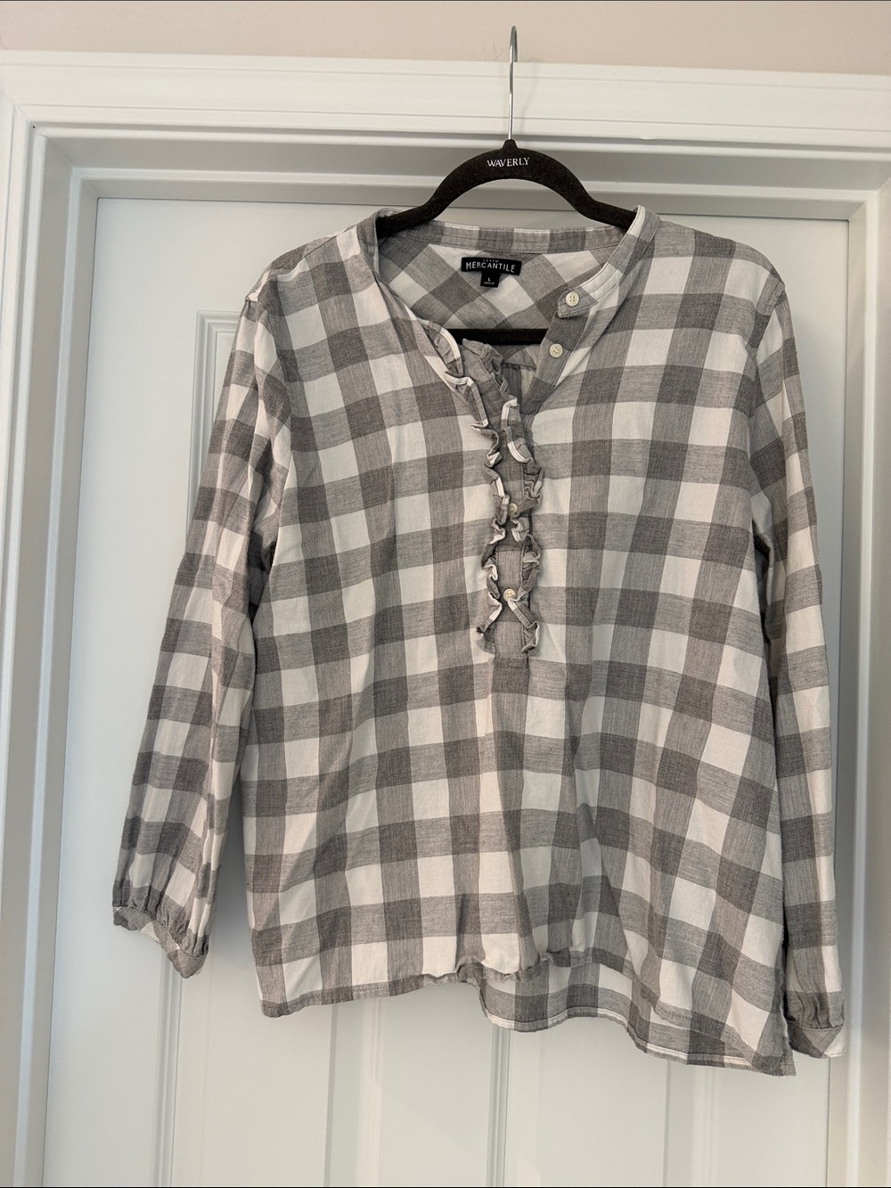 J. Crew Gray and White Plaid Ruffle-Front Tunic